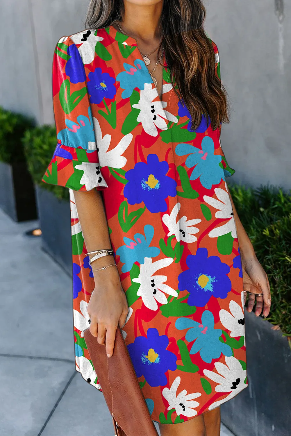 Multicolor Floral Print Mandarin Collar Short Sleeve Tunic Dress