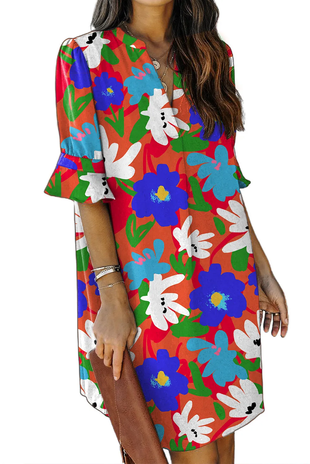 Multicolor Floral Print Mandarin Collar Short Sleeve Tunic Dress