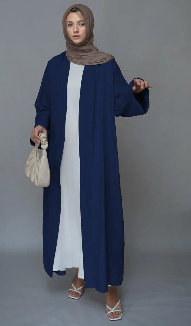 Navy Lounia maxi throw over abaya in light linen fabric with a detachable belt