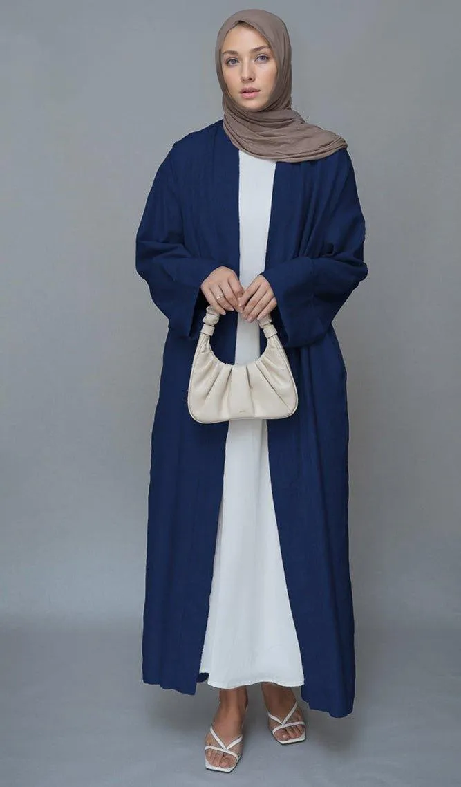 Navy Lounia maxi throw over abaya in light linen fabric with a detachable belt