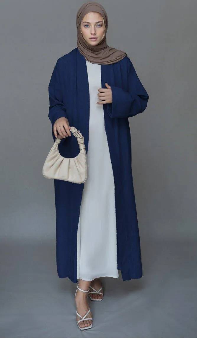 Navy Lounia maxi throw over abaya in light linen fabric with a detachable belt