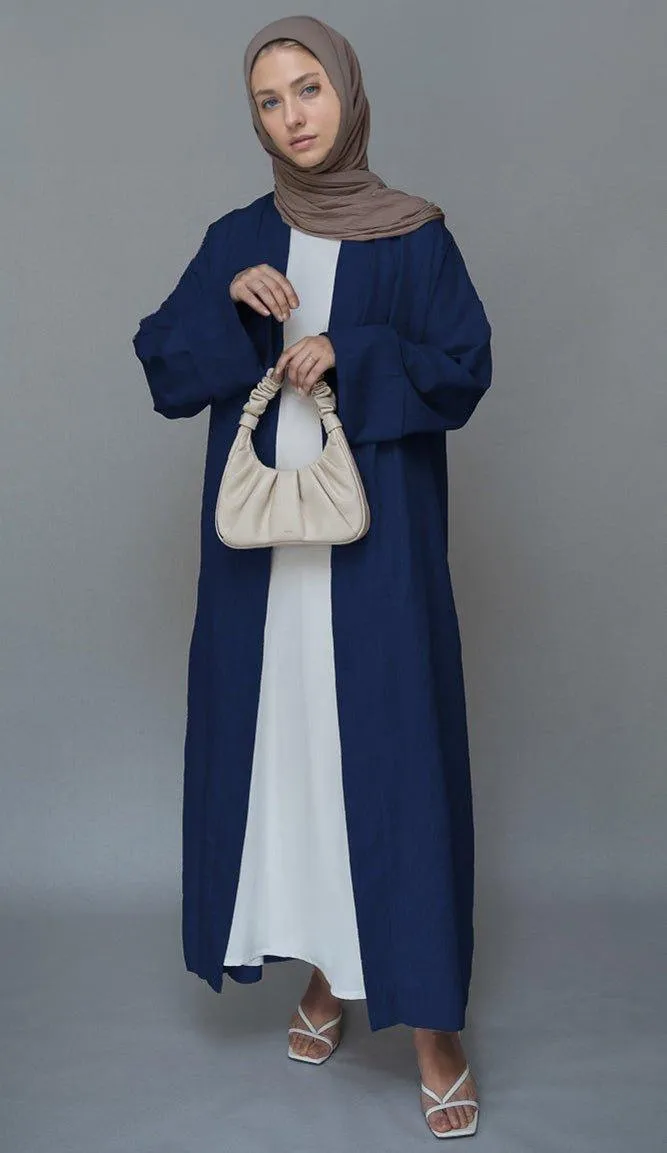 Navy Lounia maxi throw over abaya in light linen fabric with a detachable belt