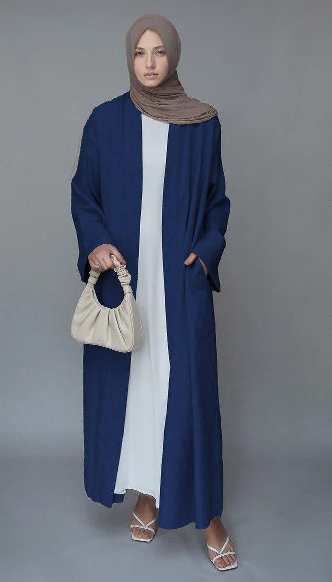 Navy Lounia maxi throw over abaya in light linen fabric with a detachable belt