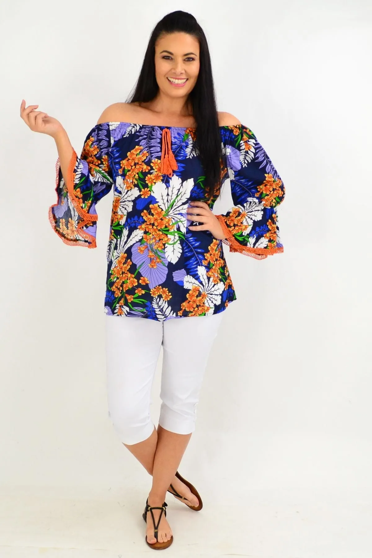 Navy Orange Tropical Off shoulder Tunic Top