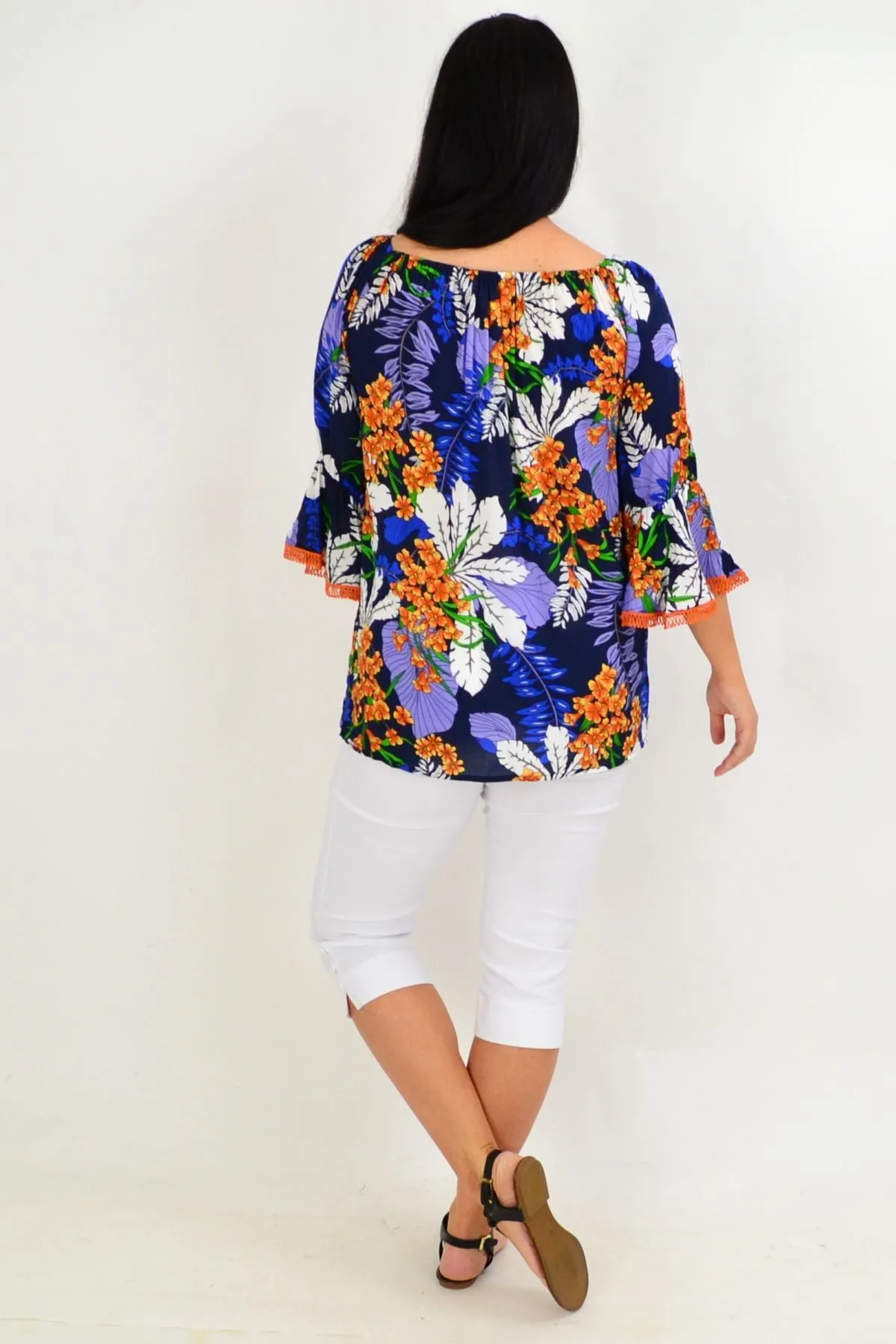 Navy Orange Tropical Off shoulder Tunic Top