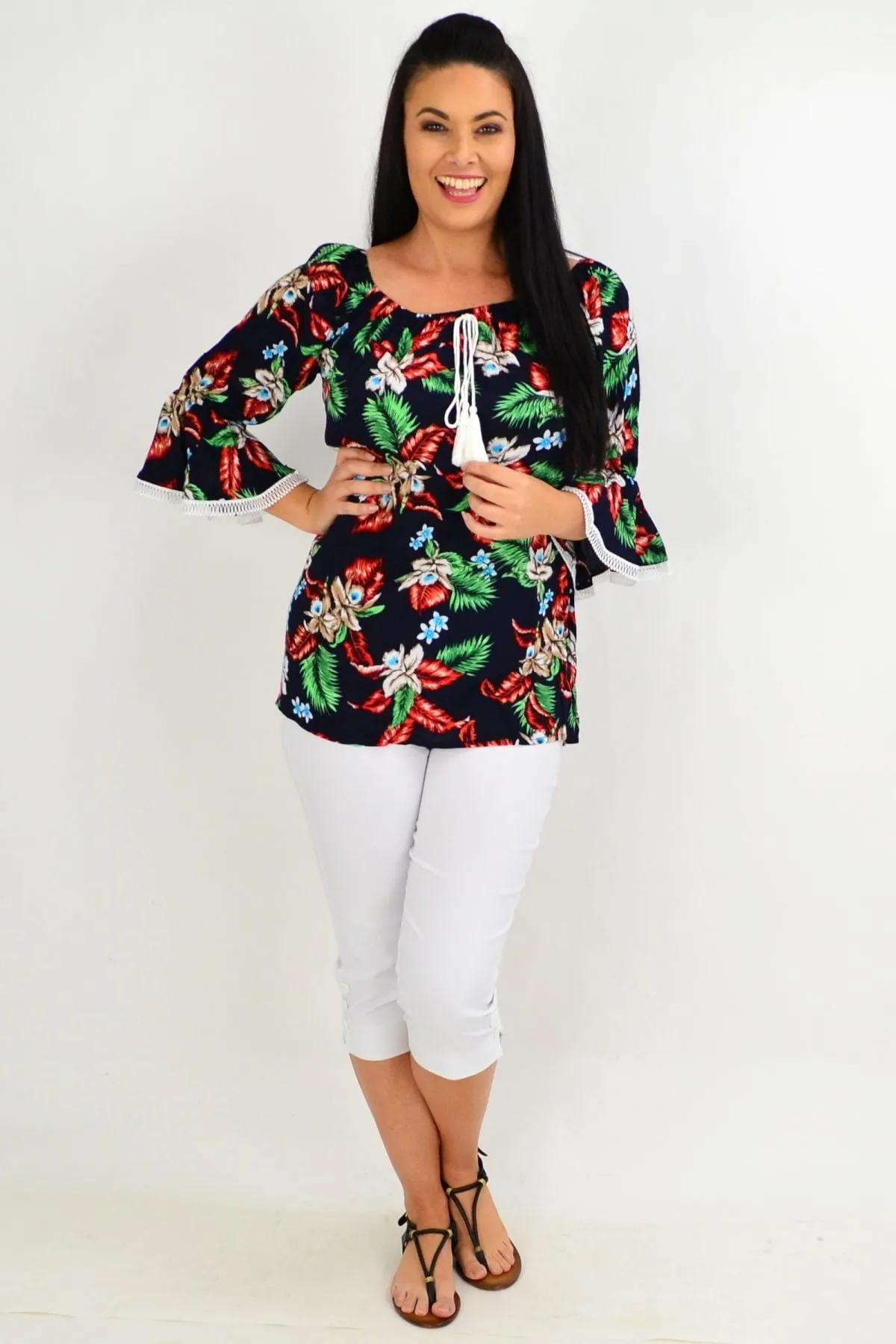 Navy Tropical Tassel Off shoulder Tunic Top