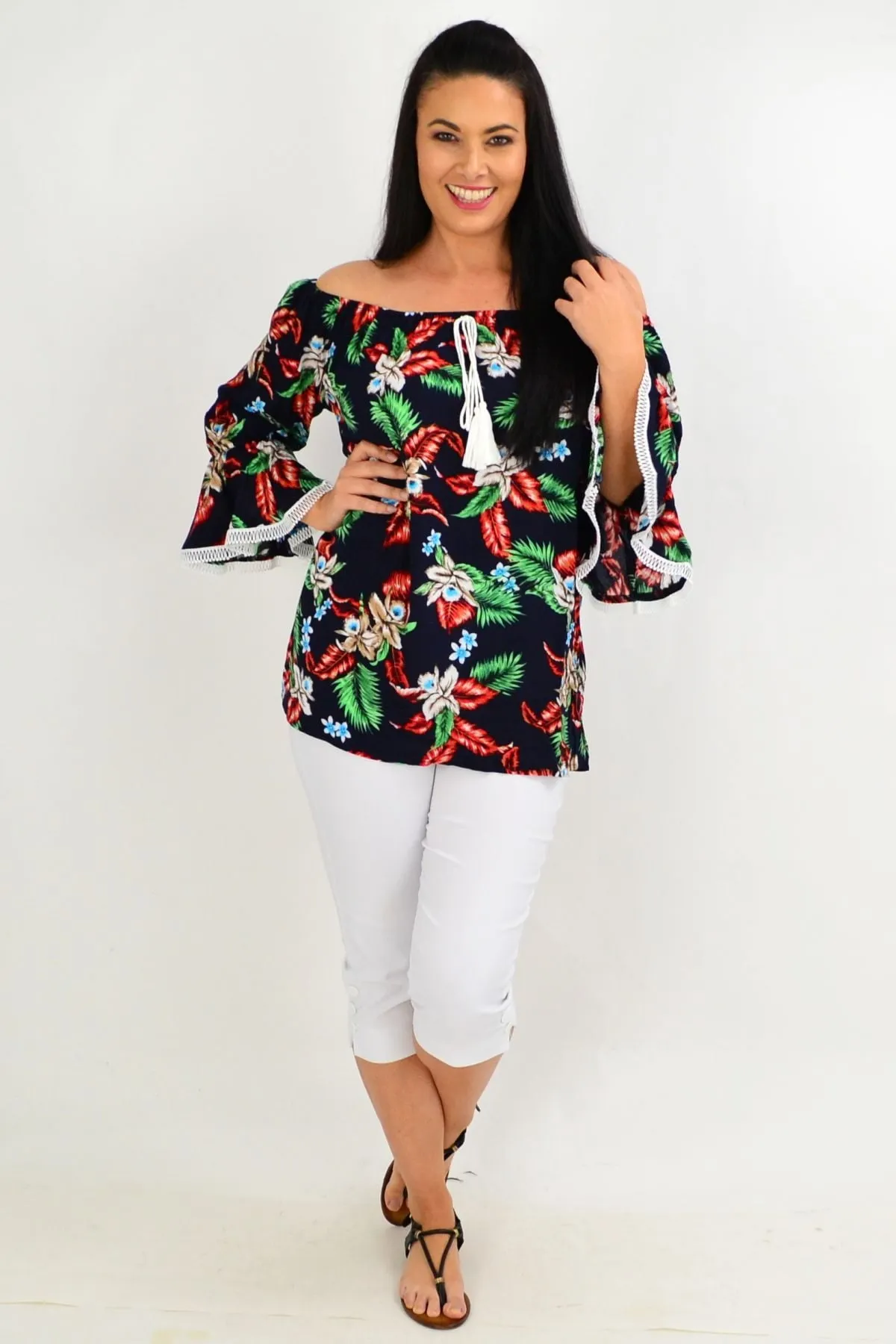 Navy Tropical Tassel Off shoulder Tunic Top