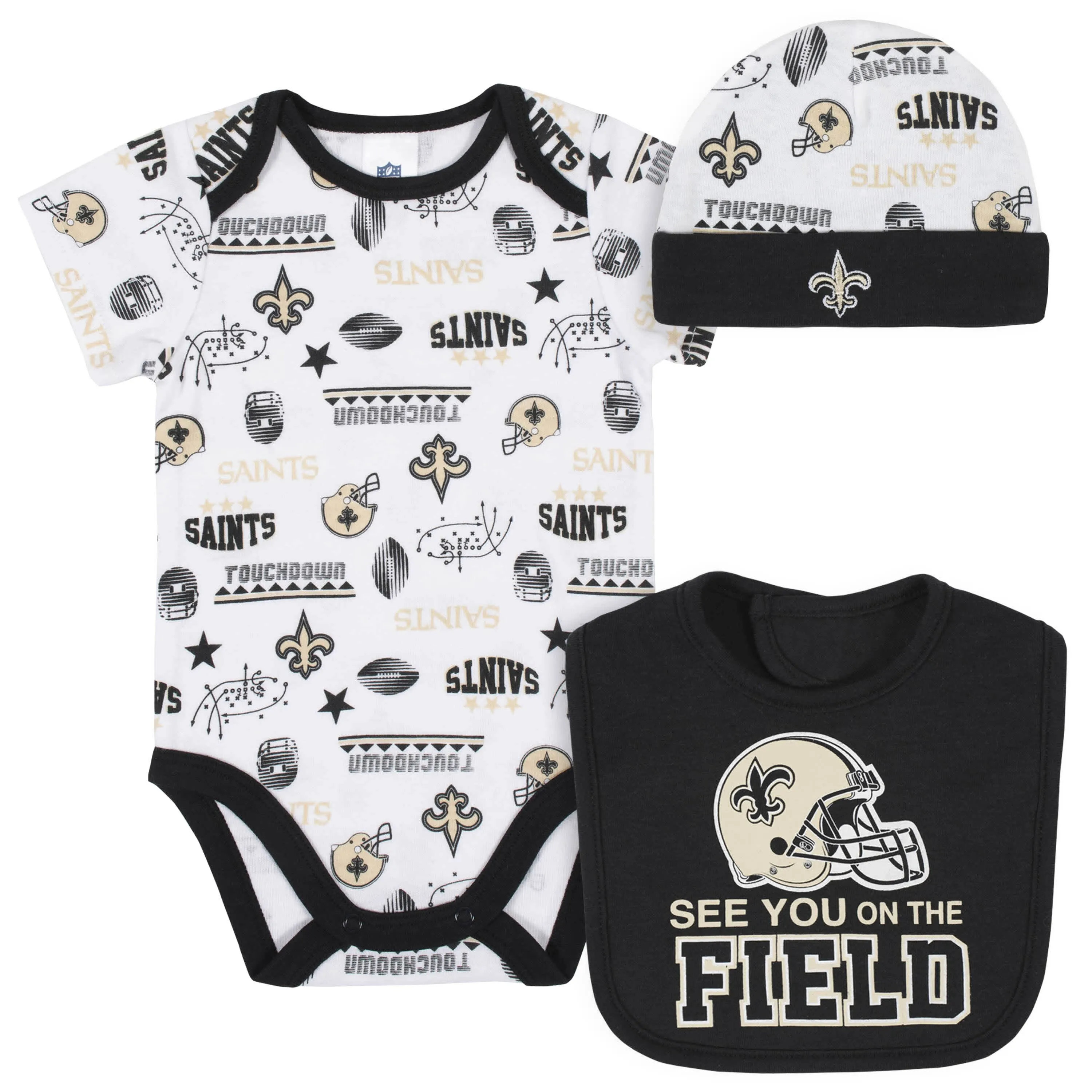 New Orleans Saints 3-Piece Baby Boys Bodysuit, Bib, and Cap Set