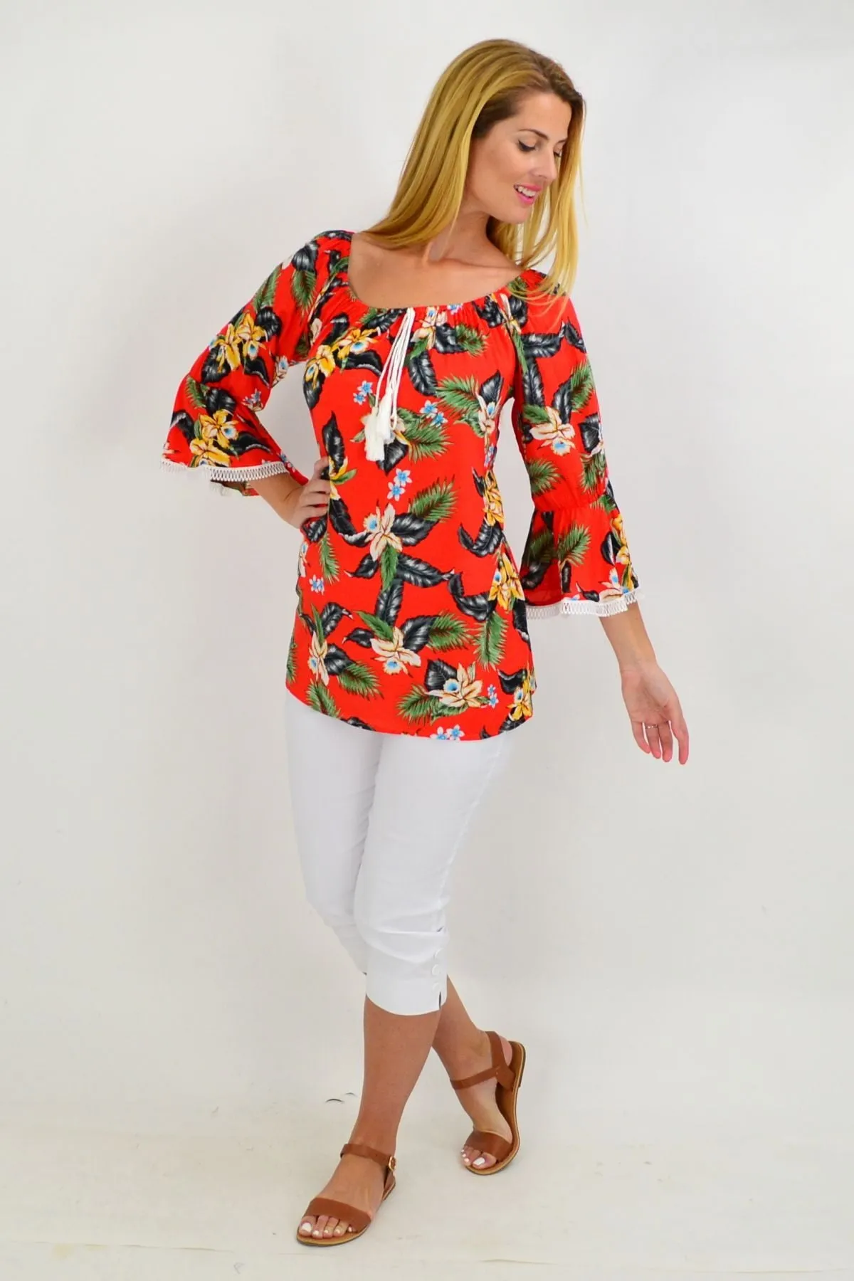 Orange Tropical Tassel Off shoulder Tunic Top