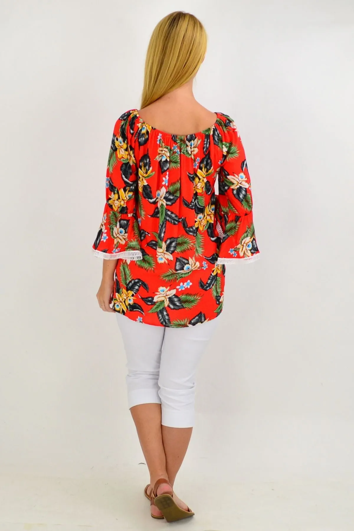 Orange Tropical Tassel Off shoulder Tunic Top