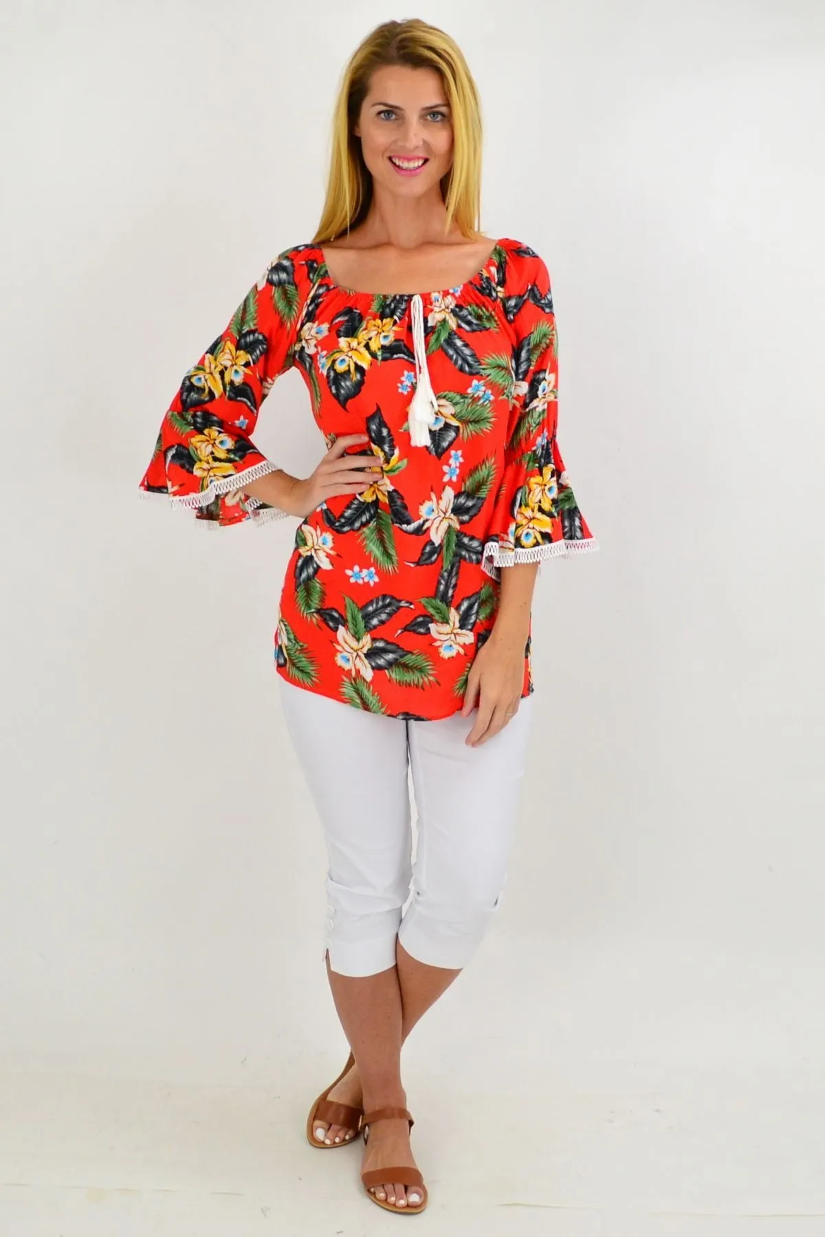 Orange Tropical Tassel Off shoulder Tunic Top