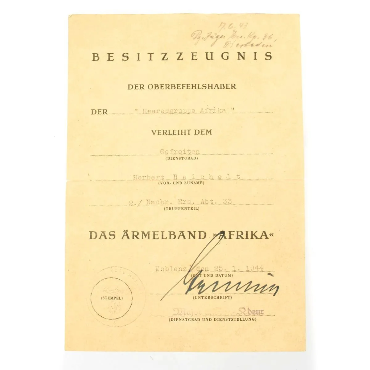 Original German WWII Afrikakorps Cuff Title DAK with Award Document