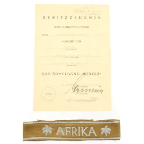 Original German WWII Afrikakorps Cuff Title DAK with Award Document