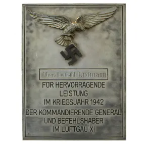 Original German WWII Luftwaffe Named Outstanding Performance Presentation Plaque from Luftgau XI - dated 1942