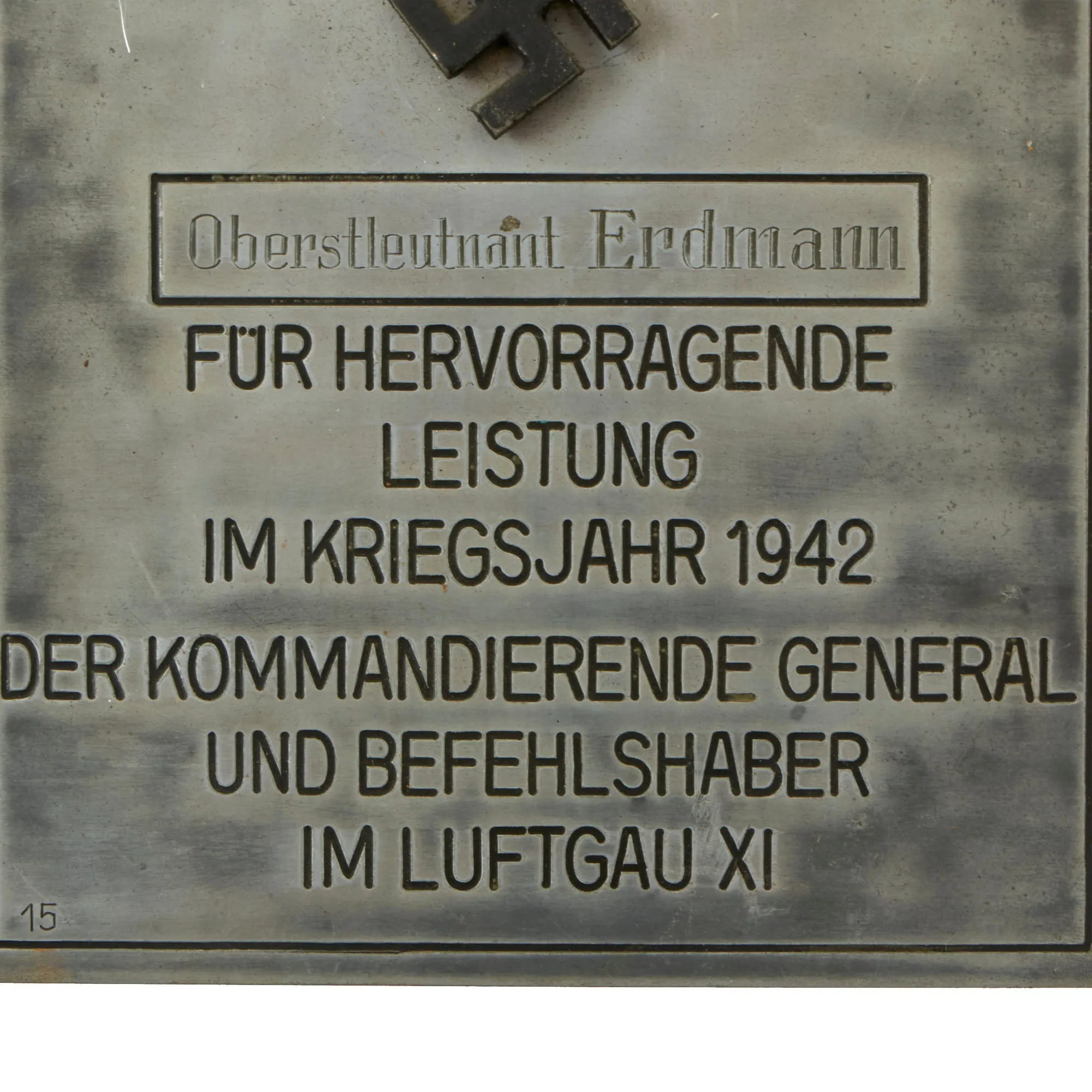 Original German WWII Luftwaffe Named Outstanding Performance Presentation Plaque from Luftgau XI - dated 1942