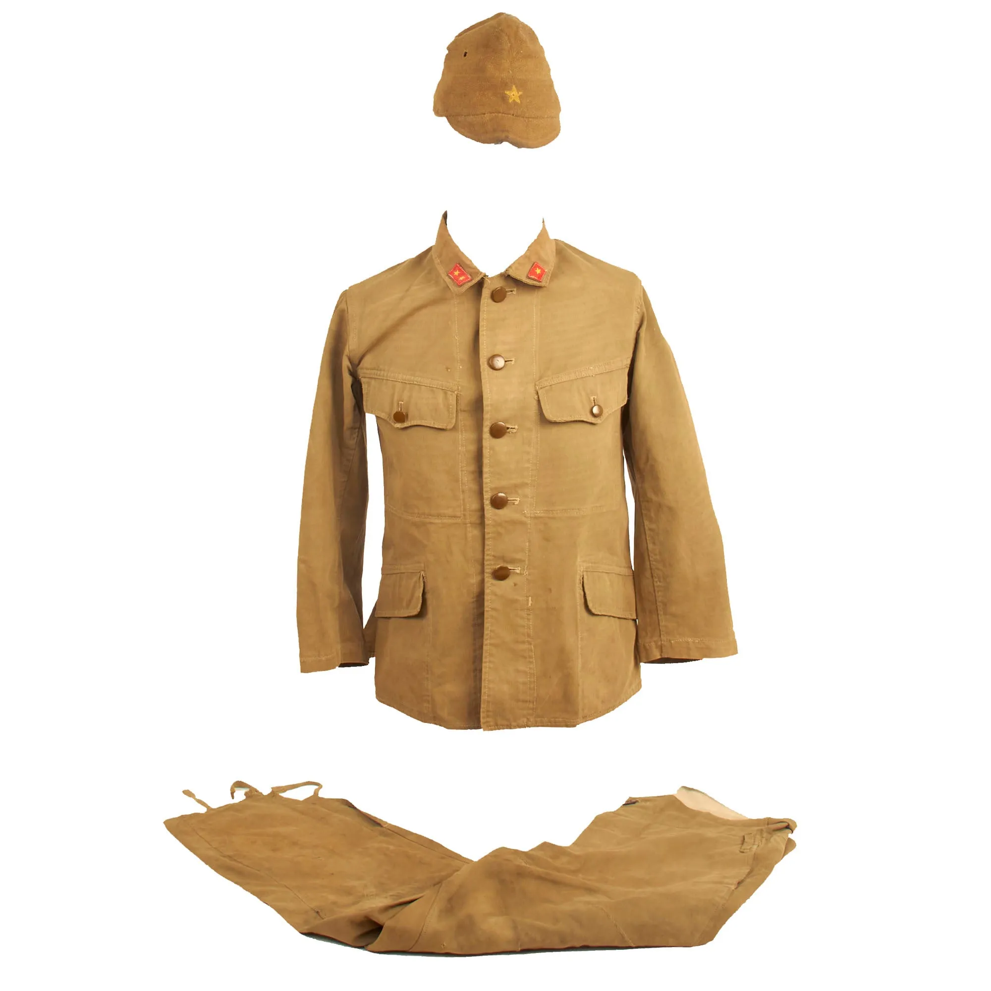 Original Japanese WWII Killed In Action Personal Effects Box Featuring Uniform Set With Forage Cap, Medals and Silk Flag