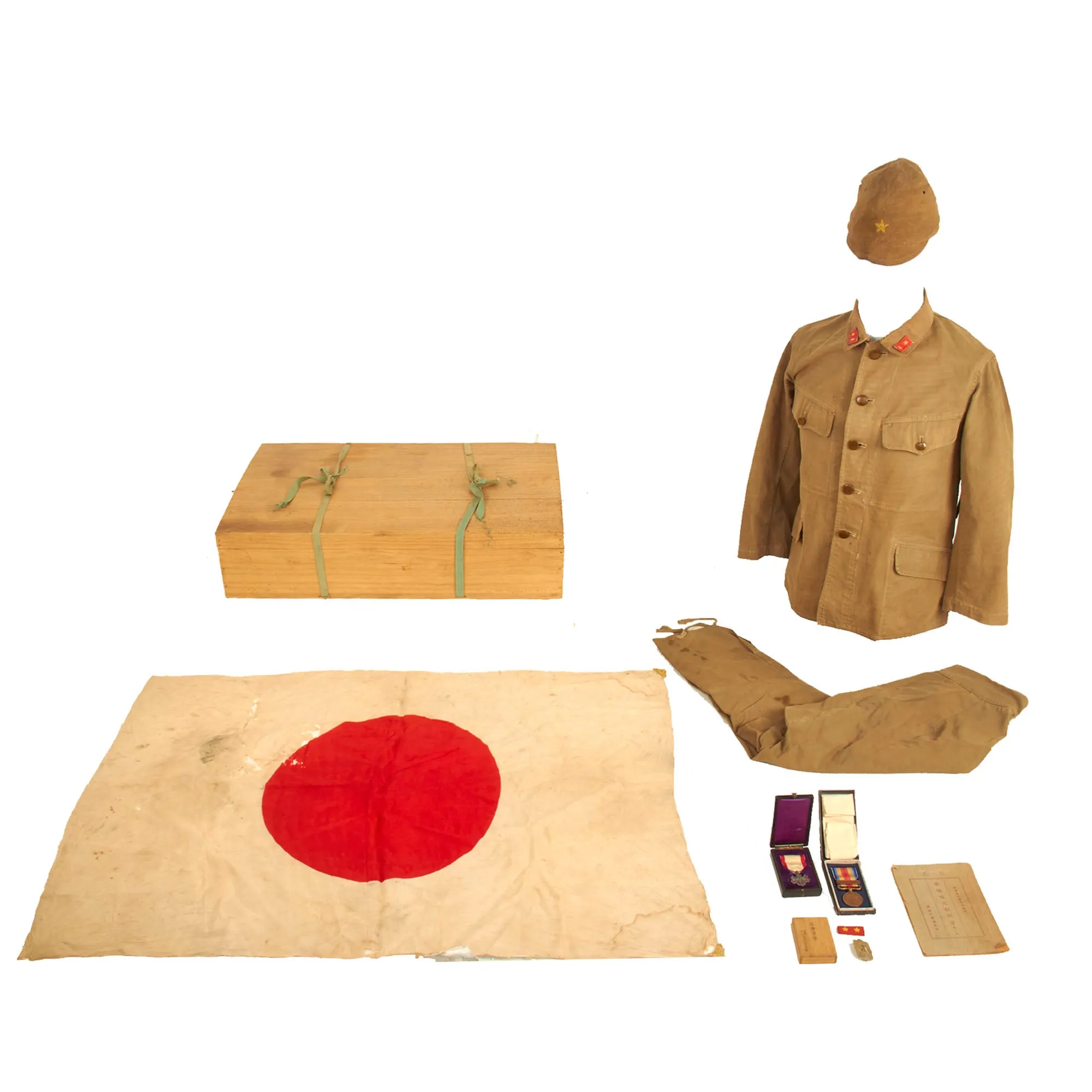 Original Japanese WWII Killed In Action Personal Effects Box Featuring Uniform Set With Forage Cap, Medals and Silk Flag