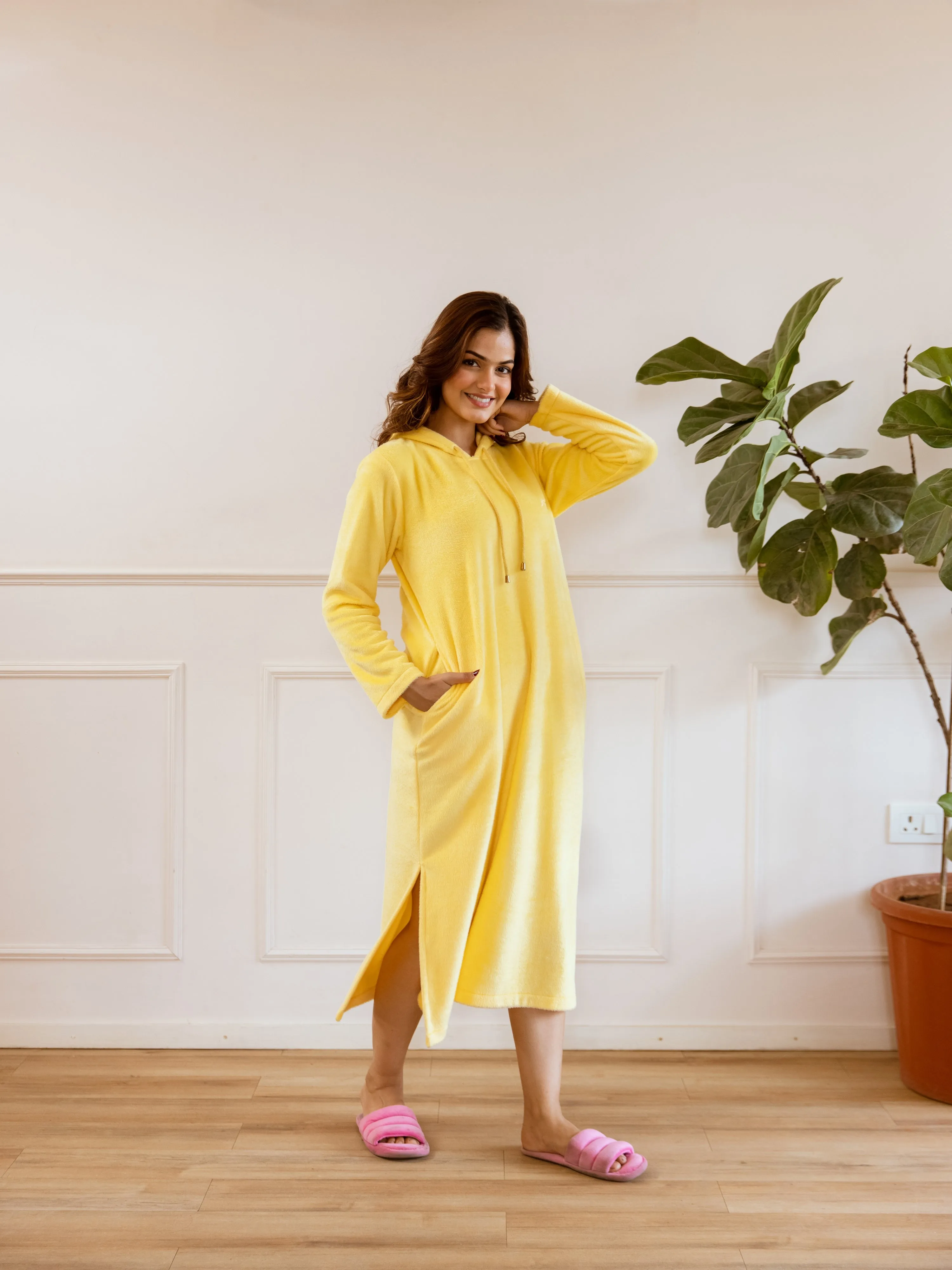 Pastel Yellow Super Soft Woollen Hoodie Dress