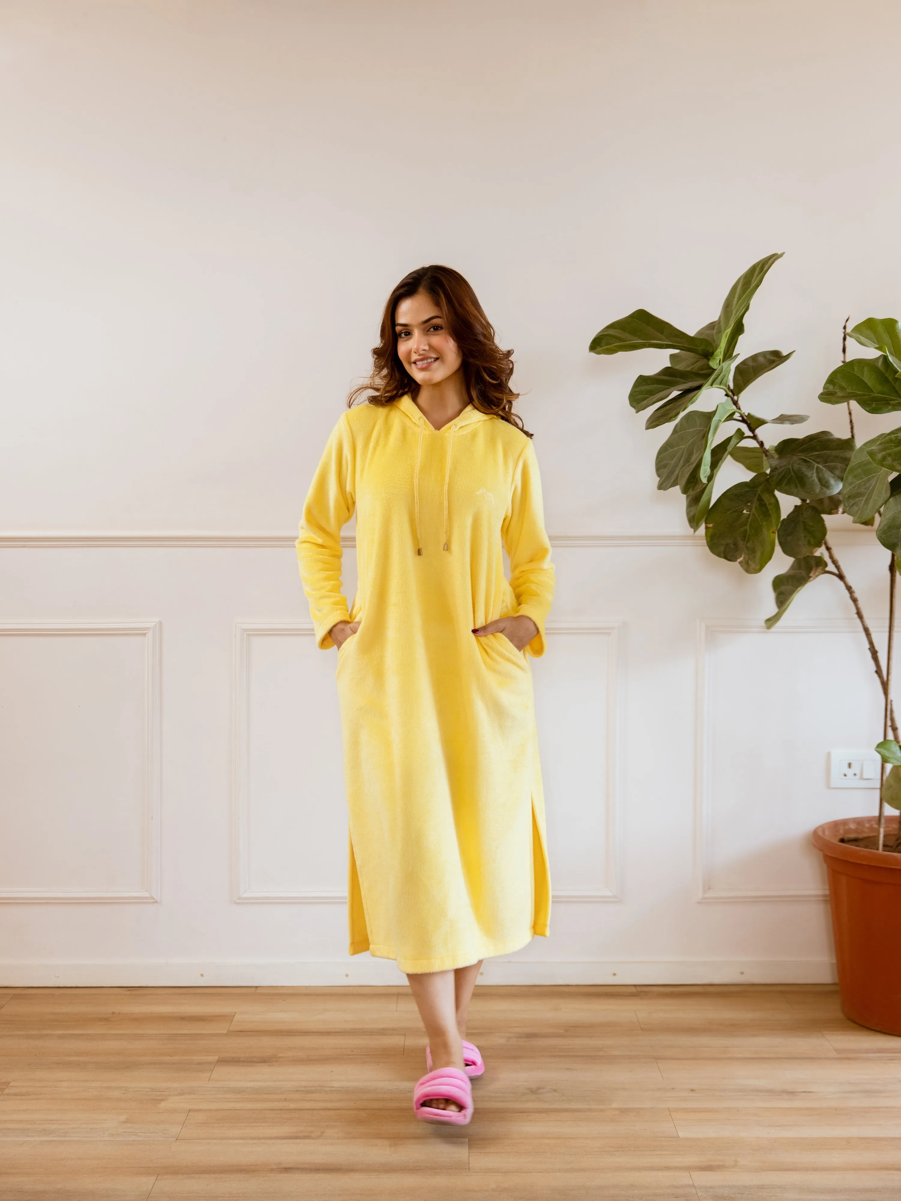 Pastel Yellow Super Soft Woollen Hoodie Dress