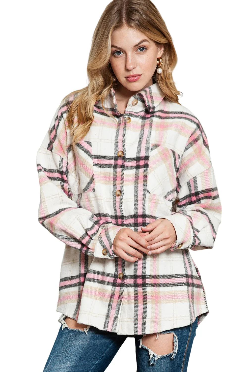 Pink Plaid Button Front Chest Pocket Shacket