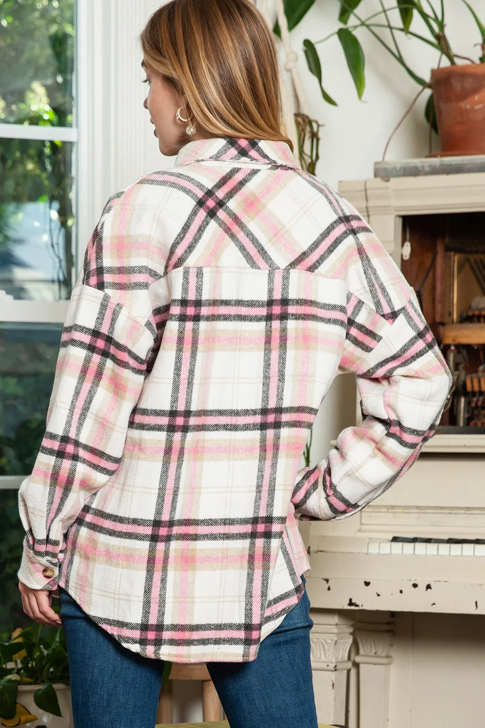 Pink Plaid Button Front Chest Pocket Shacket