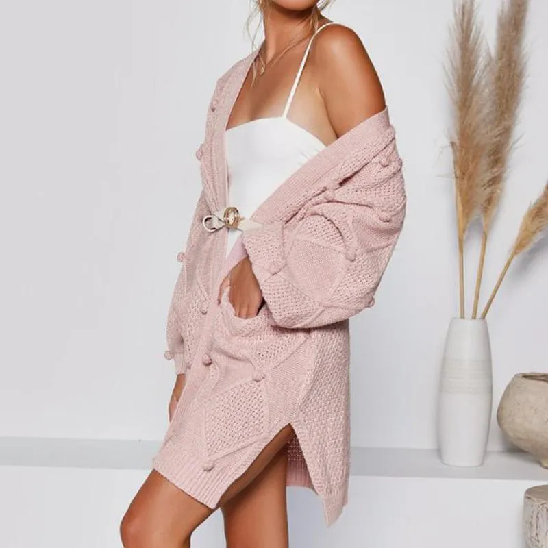 Pink V-Neck Long Sleeve Cardigan hairball loose Sweater Knitwear straight Cardigan