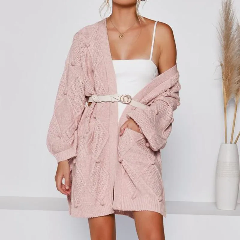 Pink V-Neck Long Sleeve Cardigan hairball loose Sweater Knitwear straight Cardigan