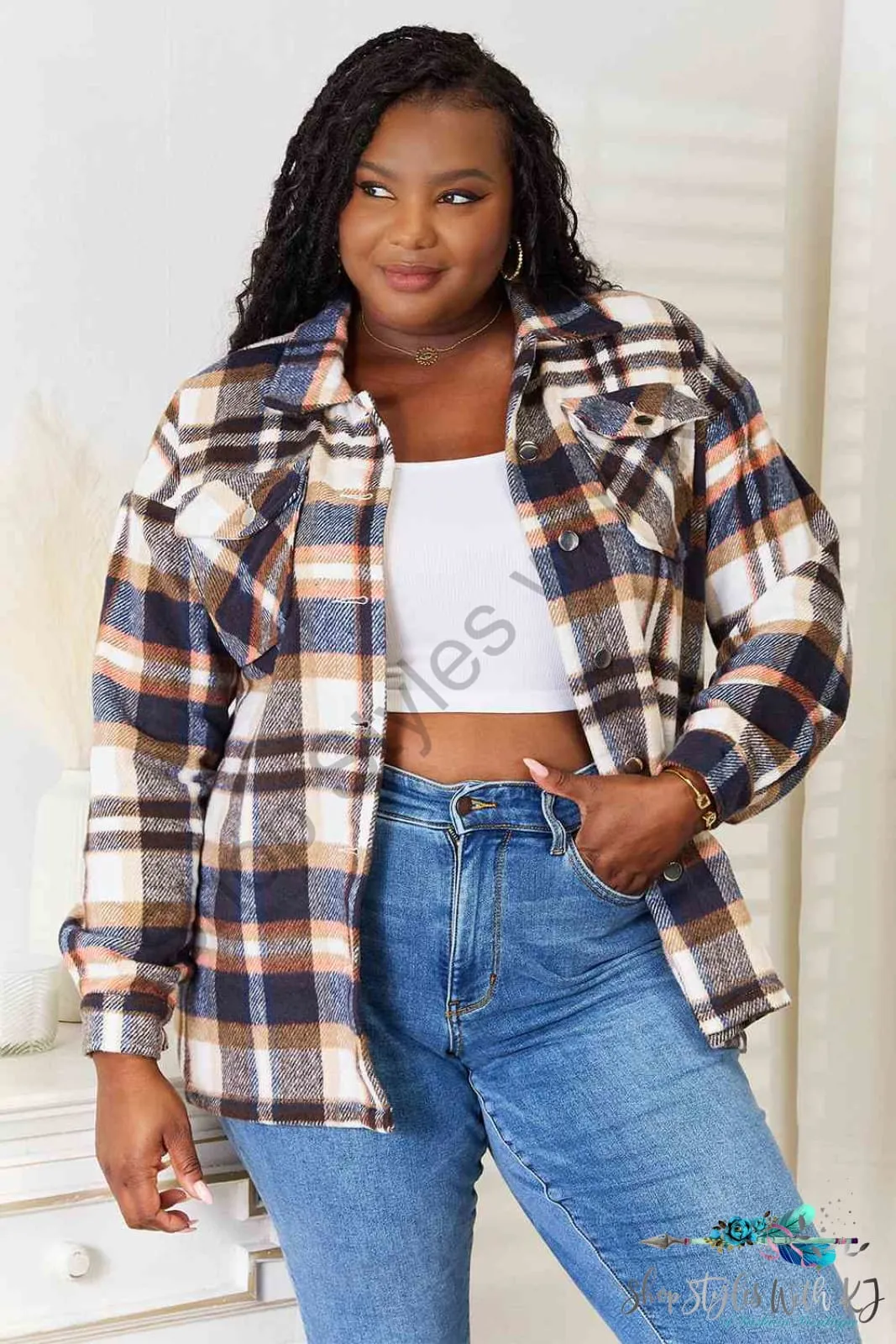 Plaid Button Front Shirt Jacket with Breast Pockets