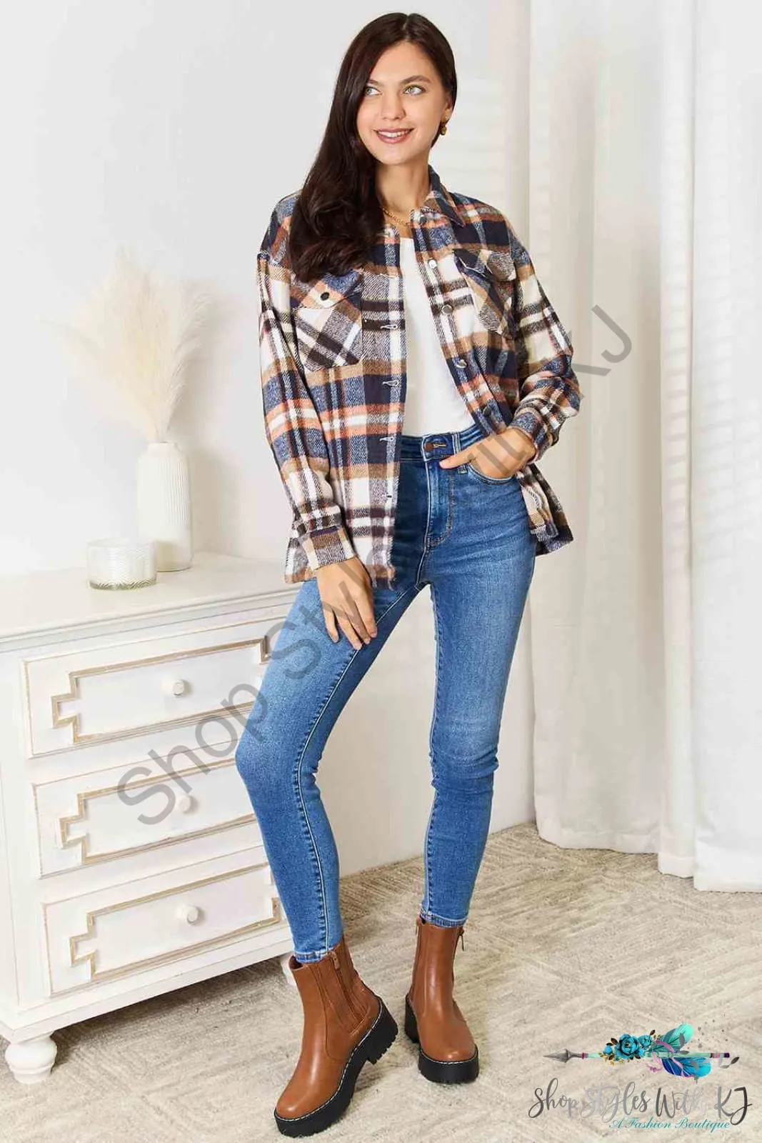 Plaid Button Front Shirt Jacket with Breast Pockets