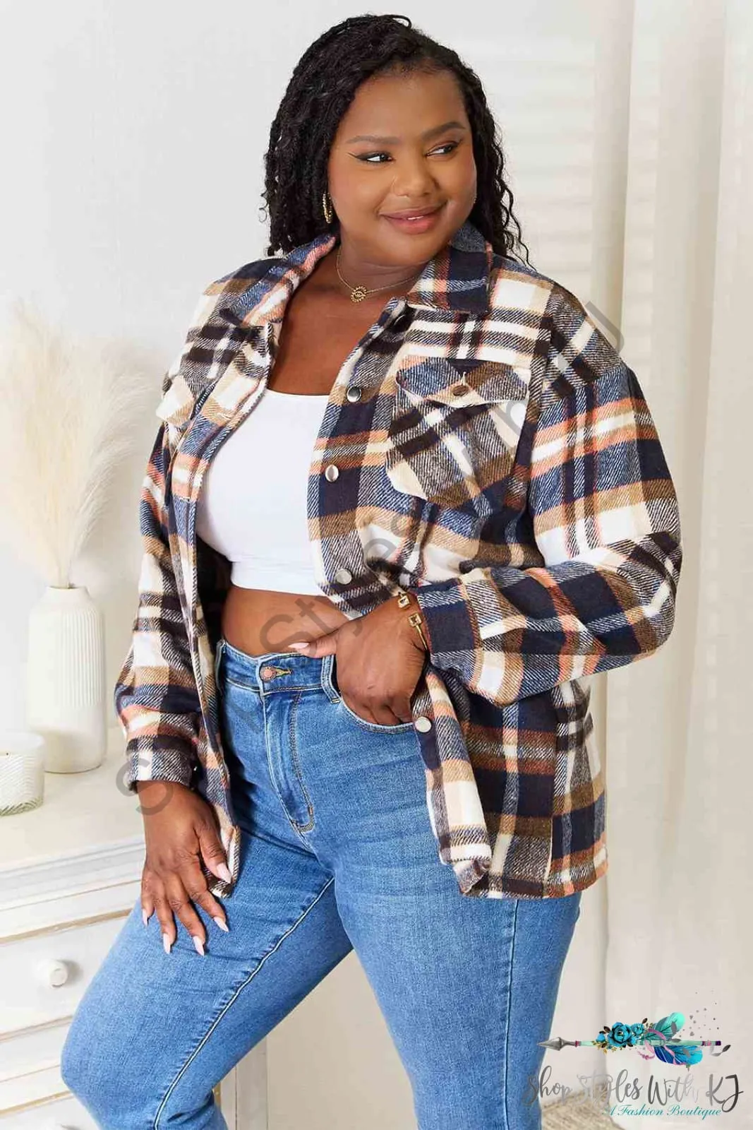 Plaid Button Front Shirt Jacket with Breast Pockets