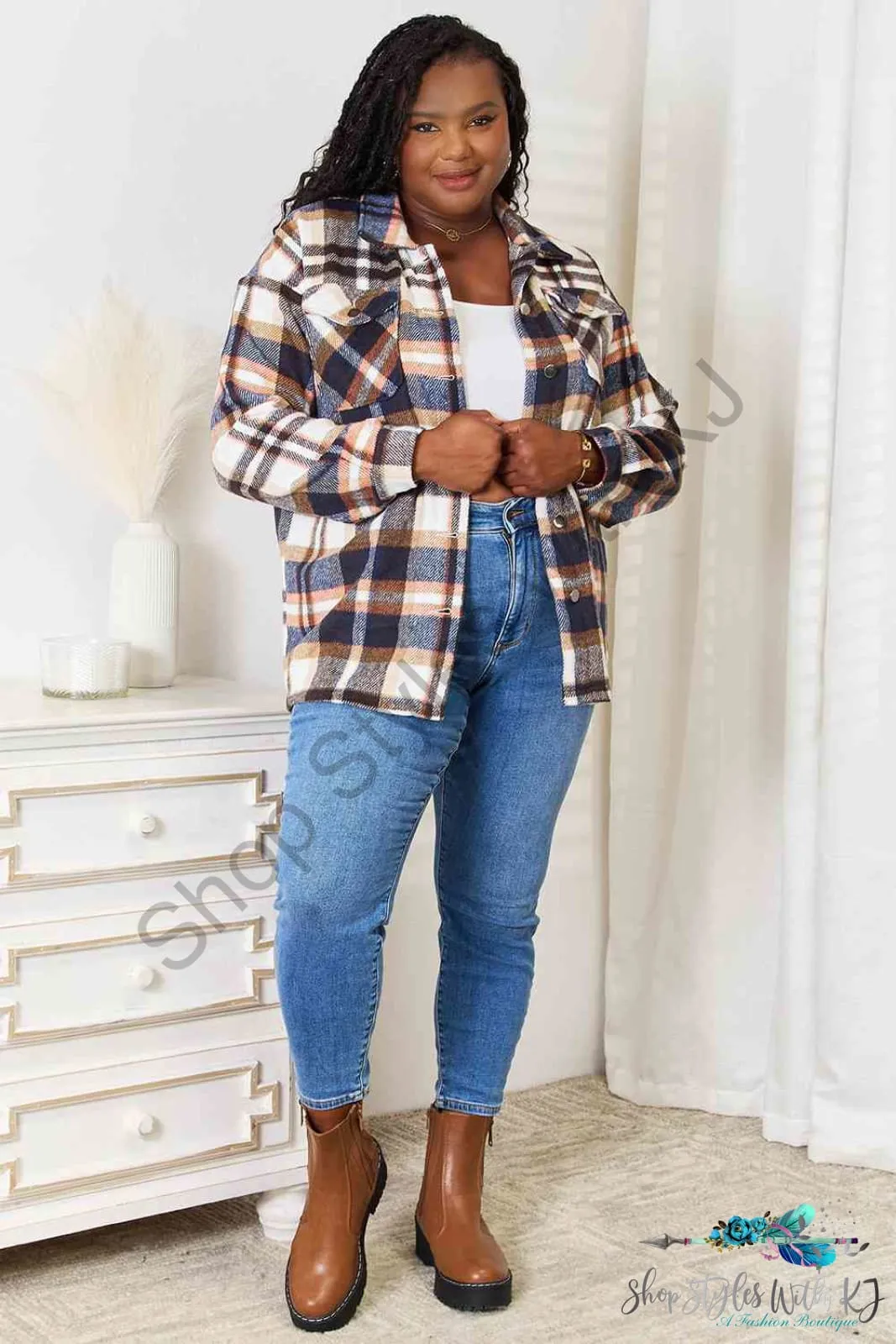 Plaid Button Front Shirt Jacket with Breast Pockets