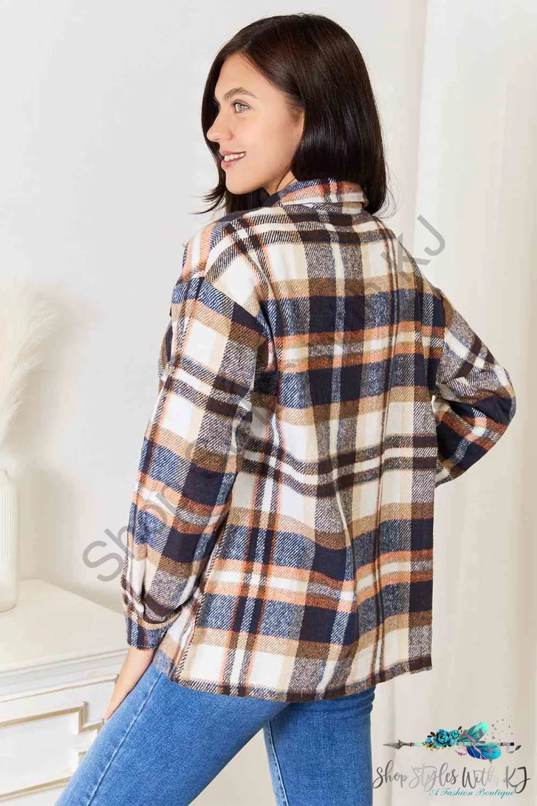 Plaid Button Front Shirt Jacket with Breast Pockets