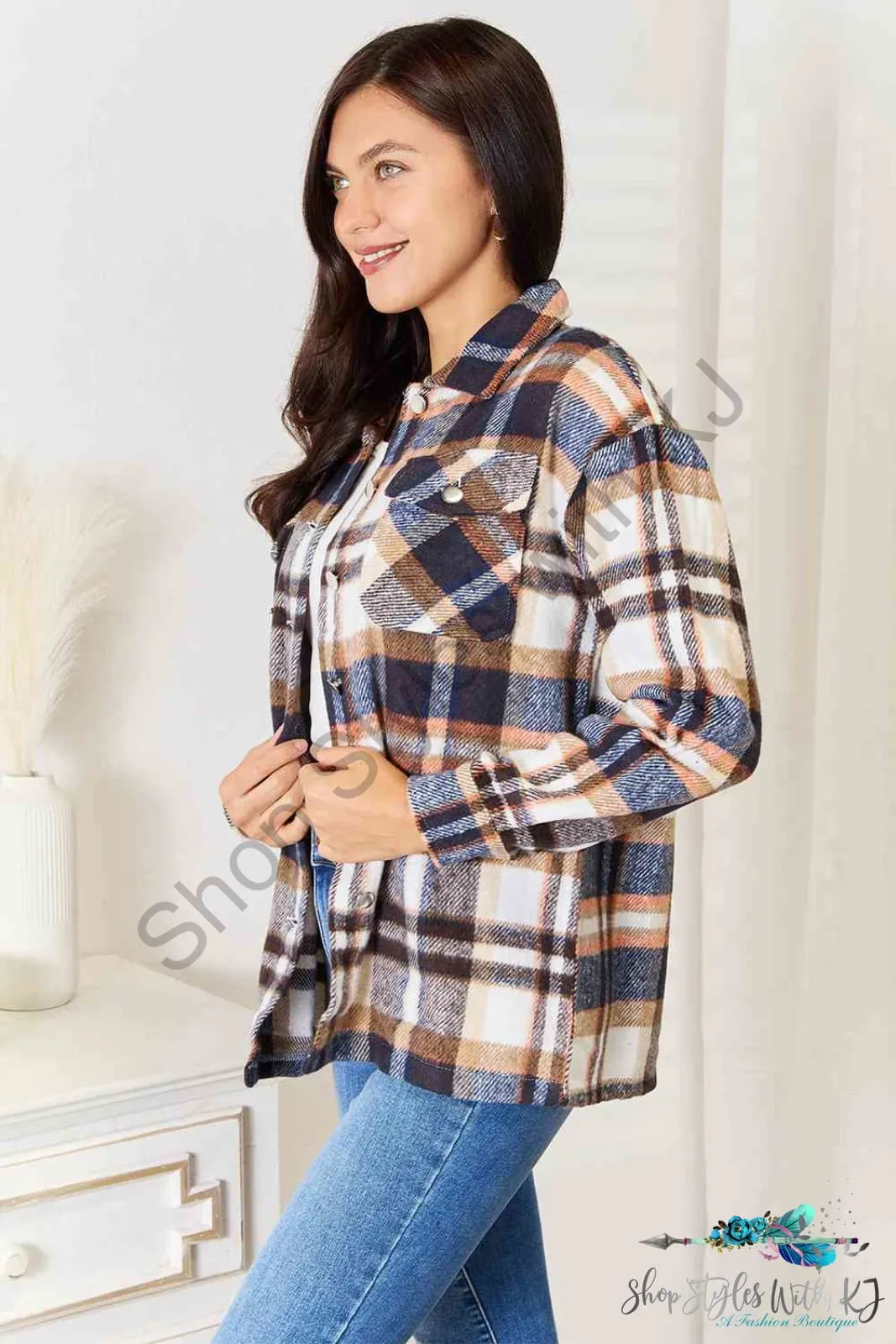 Plaid Button Front Shirt Jacket with Breast Pockets