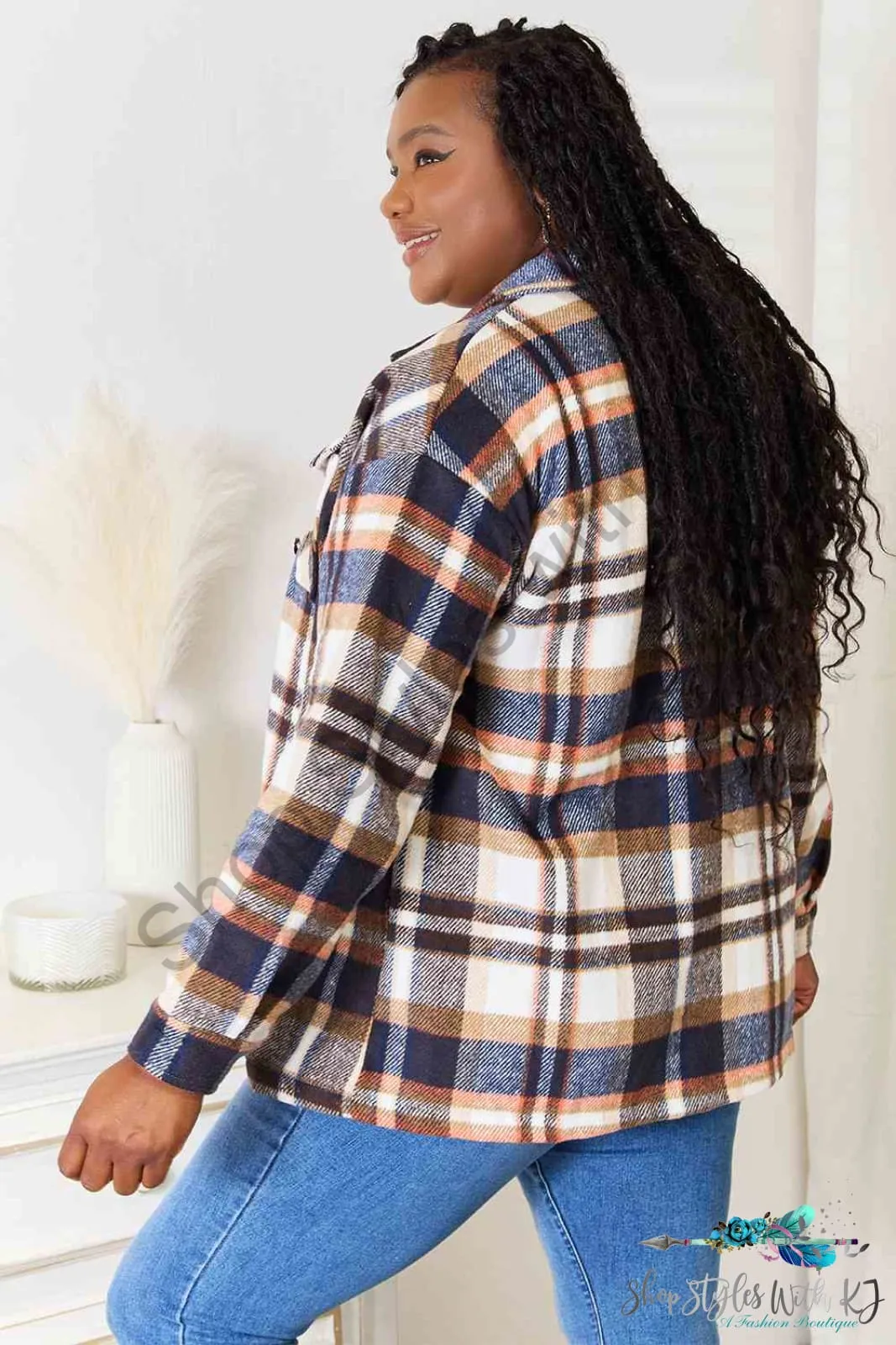 Plaid Button Front Shirt Jacket with Breast Pockets