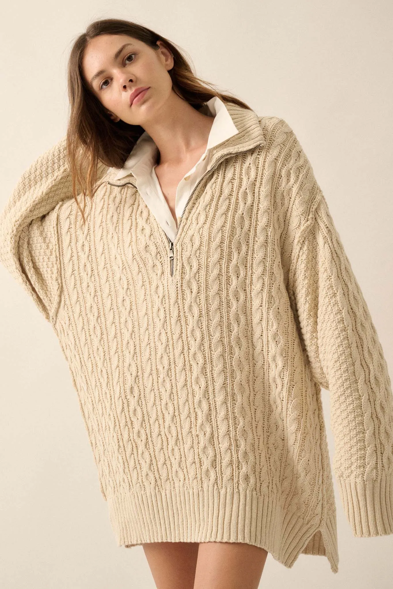 Plot Twist Half-Zip Cable Knit Sweater Dress