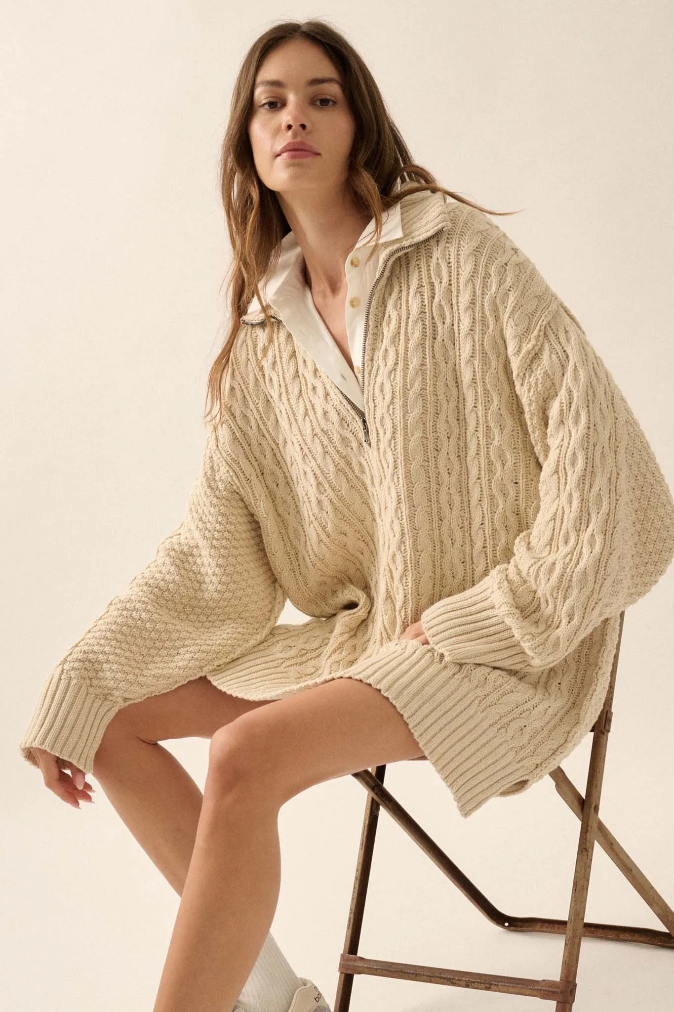 Plot Twist Half-Zip Cable Knit Sweater Dress