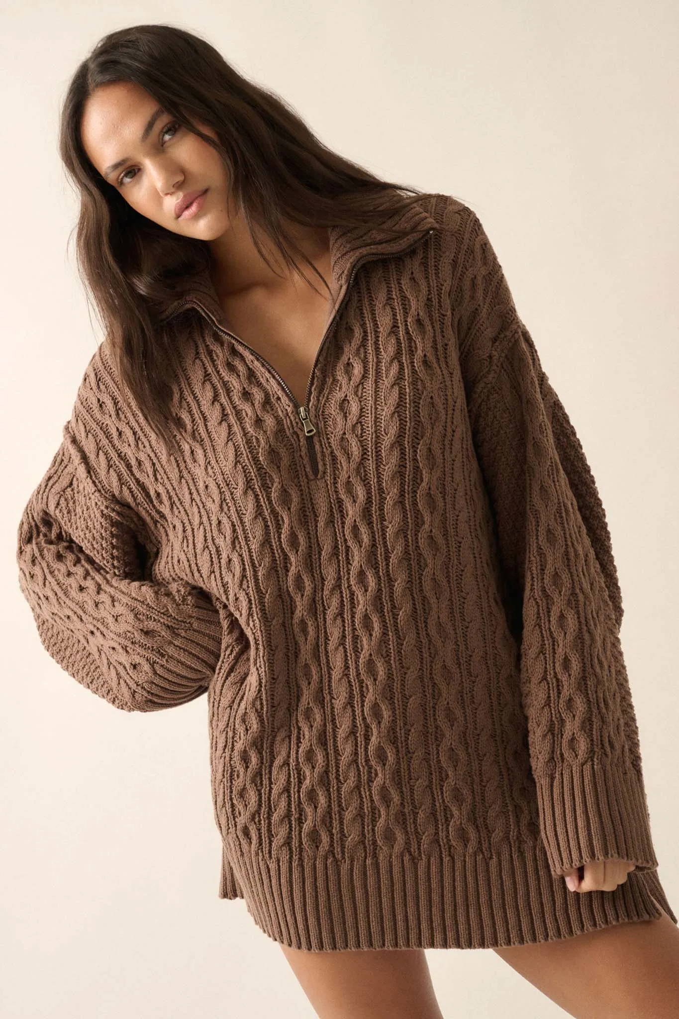 Plot Twist Half-Zip Cable Knit Sweater Dress