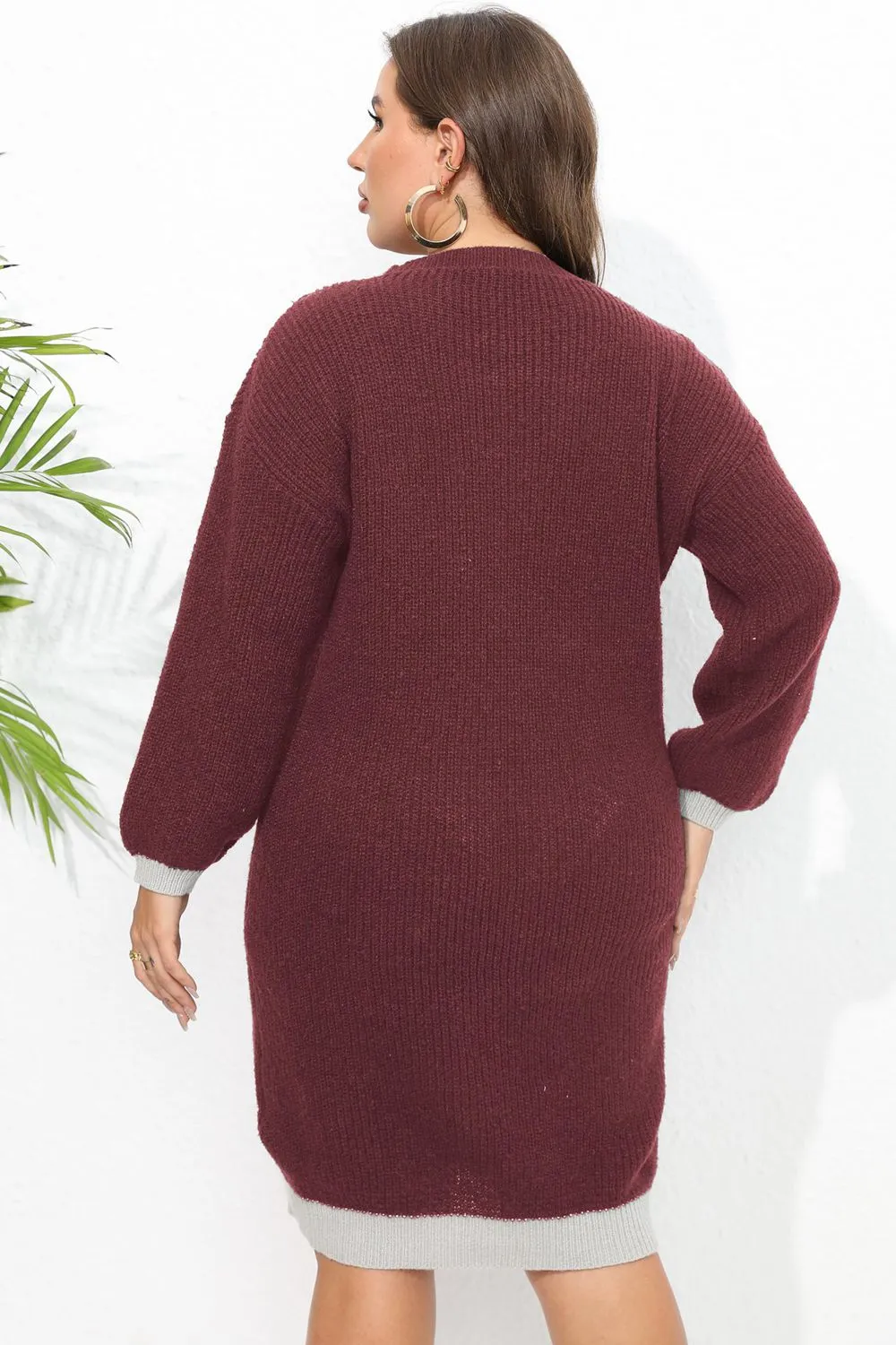 Plus Size Long Sleeve V-Neck Sweater Dress