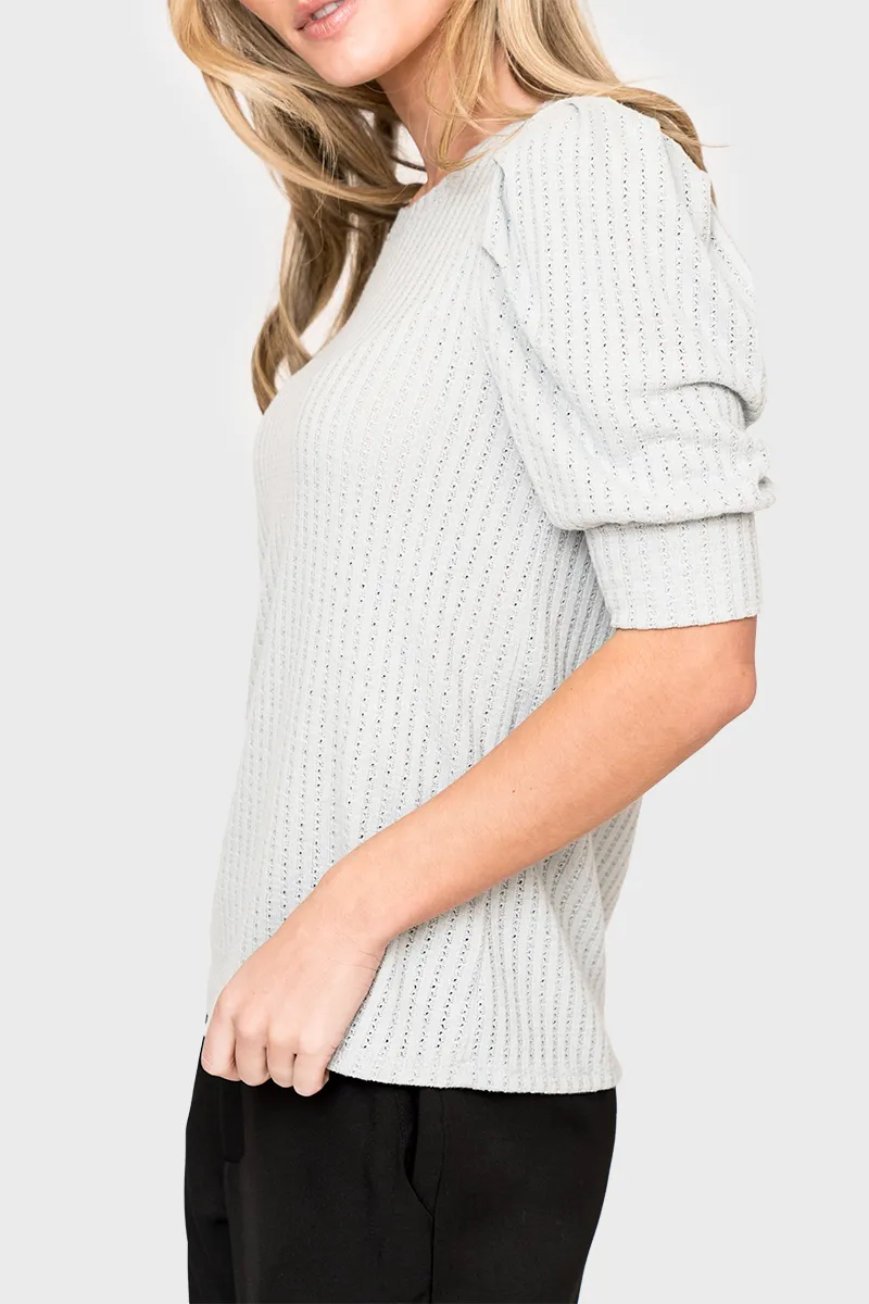 Pointelle Rib Sweater with Pleated Puff Sleeve