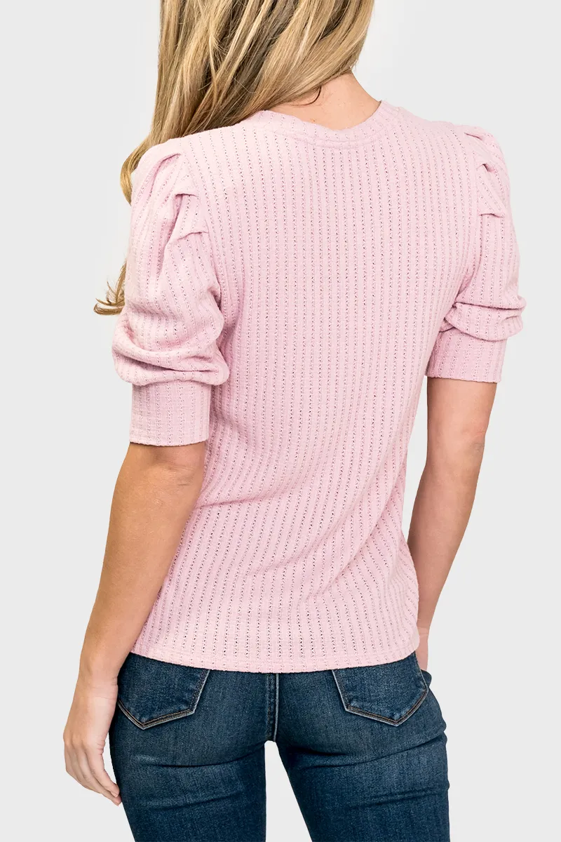 Pointelle Rib Sweater with Pleated Puff Sleeve