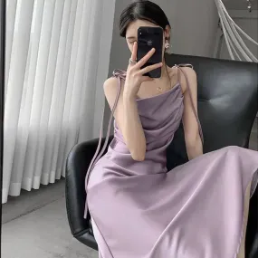 Purple Satin Slip Midi Dress Women Vintage Korean Fashion Lace-up Spaghetti Strap Elegant Party Dresses Summer