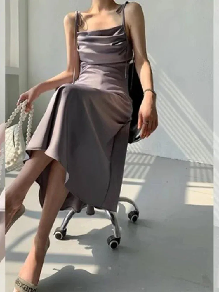 Purple Satin Slip Midi Dress Women Vintage Korean Fashion Lace-up Spaghetti Strap Elegant Party Dresses Summer