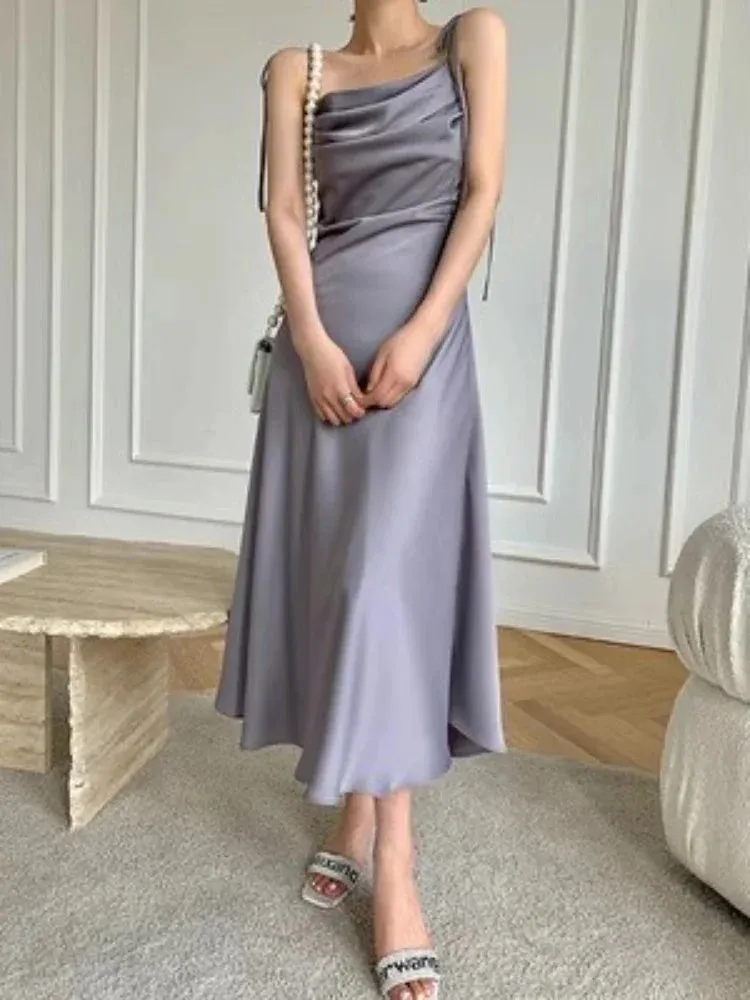 Purple Satin Slip Midi Dress Women Vintage Korean Fashion Lace-up Spaghetti Strap Elegant Party Dresses Summer