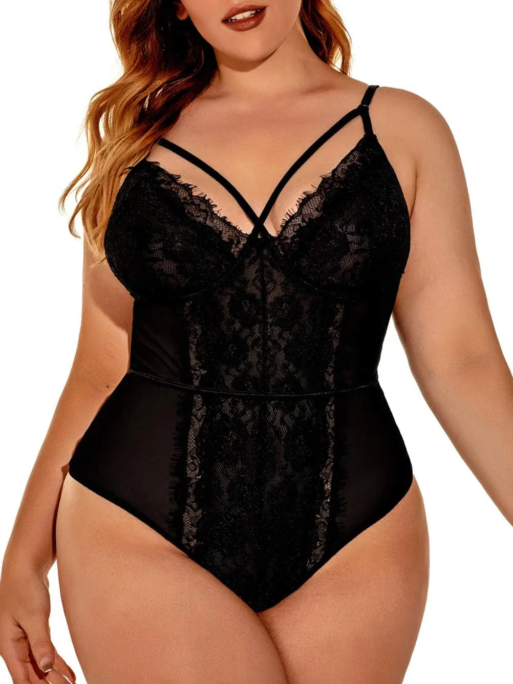 "Alluring Plus Size Eyelash Lace Bodysuit with Snap Crotch - Your Ultimate Club Night Essential!"