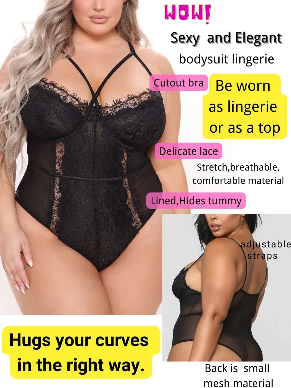 "Alluring Plus Size Eyelash Lace Bodysuit with Snap Crotch - Your Ultimate Club Night Essential!"