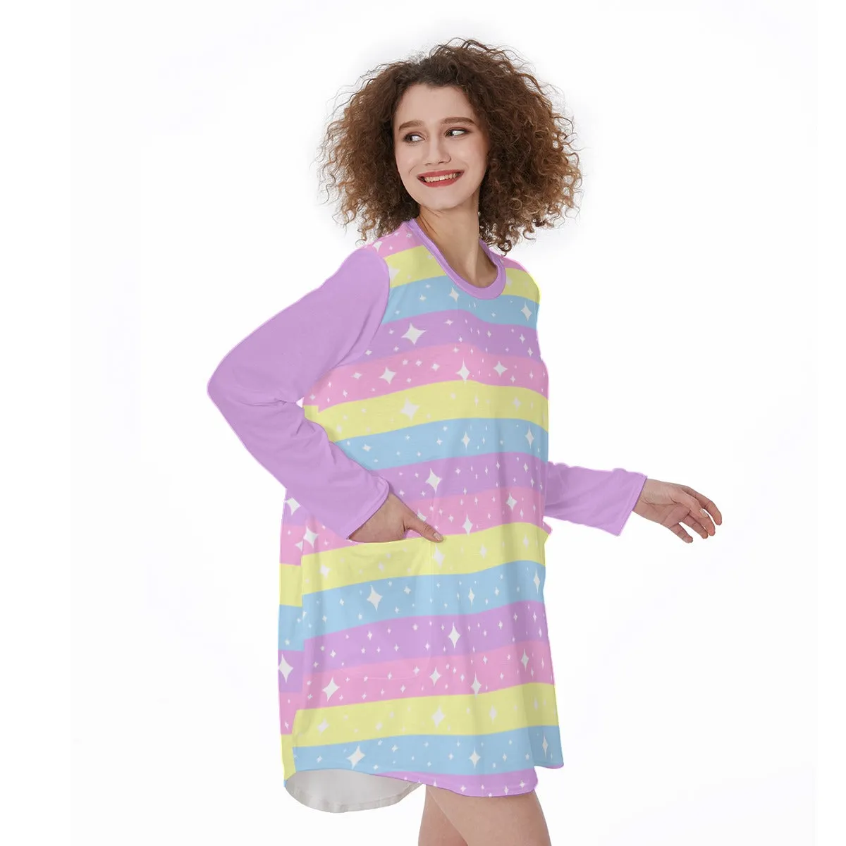 Rainbow Ribbon Long Sleeve Dress With Pockets