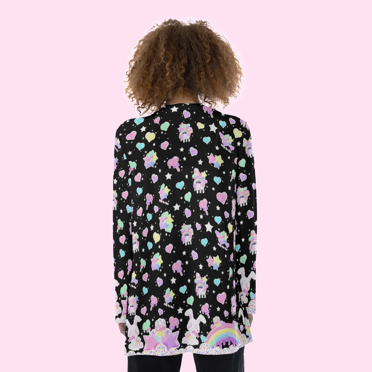 Rainbow Sweets Black Open Front Lightweight Cardigan With Pockets