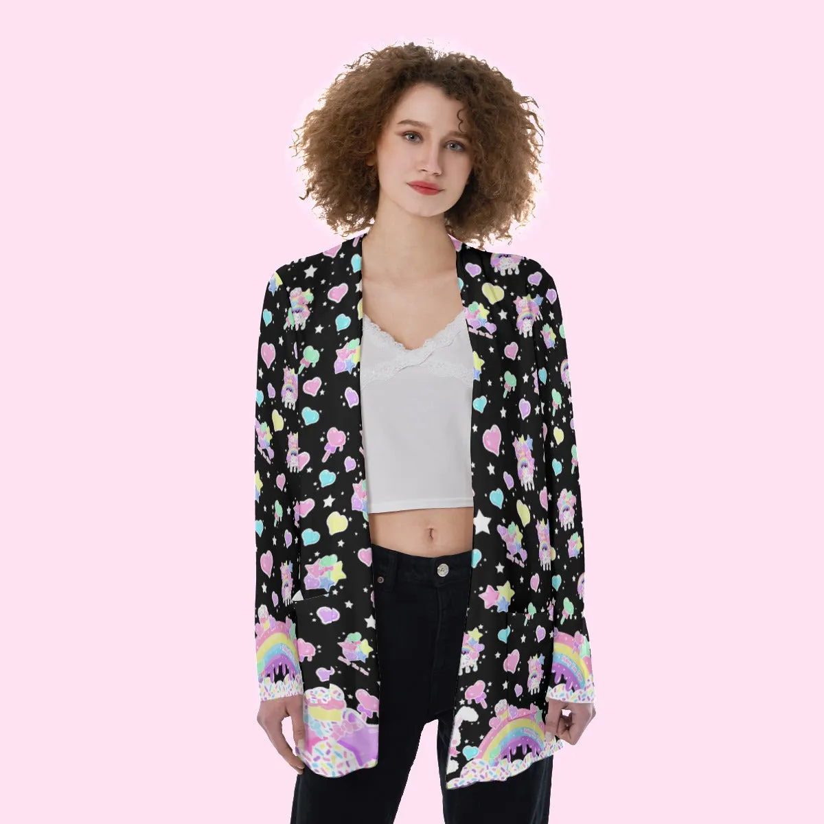 Rainbow Sweets Black Open Front Lightweight Cardigan With Pockets