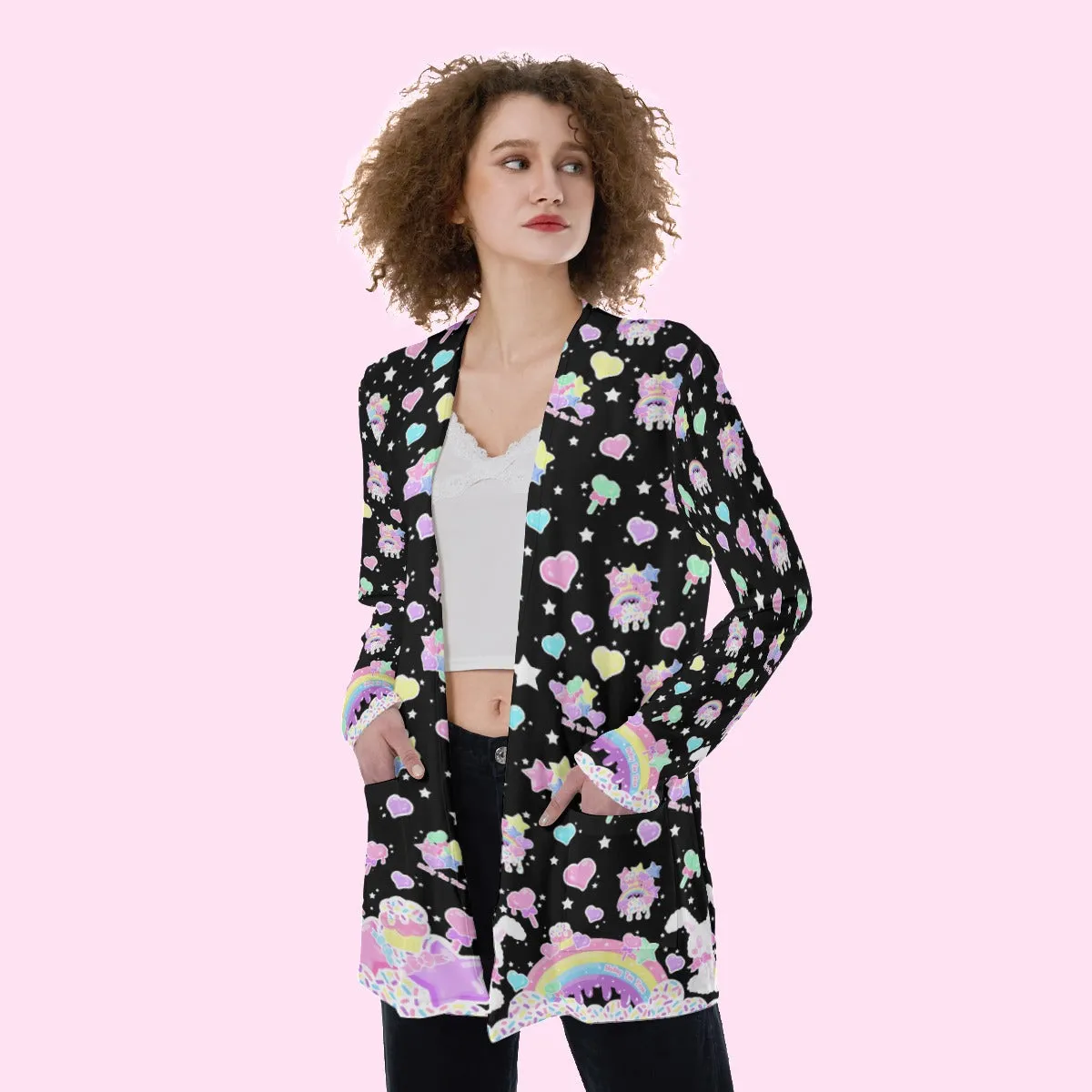 Rainbow Sweets Black Open Front Lightweight Cardigan With Pockets