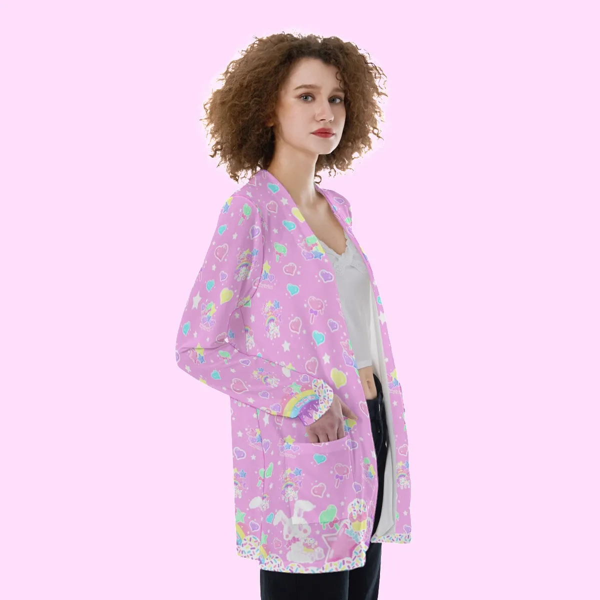 Rainbow Sweets Pink Open Front Lightweight Cardigan With Pockets